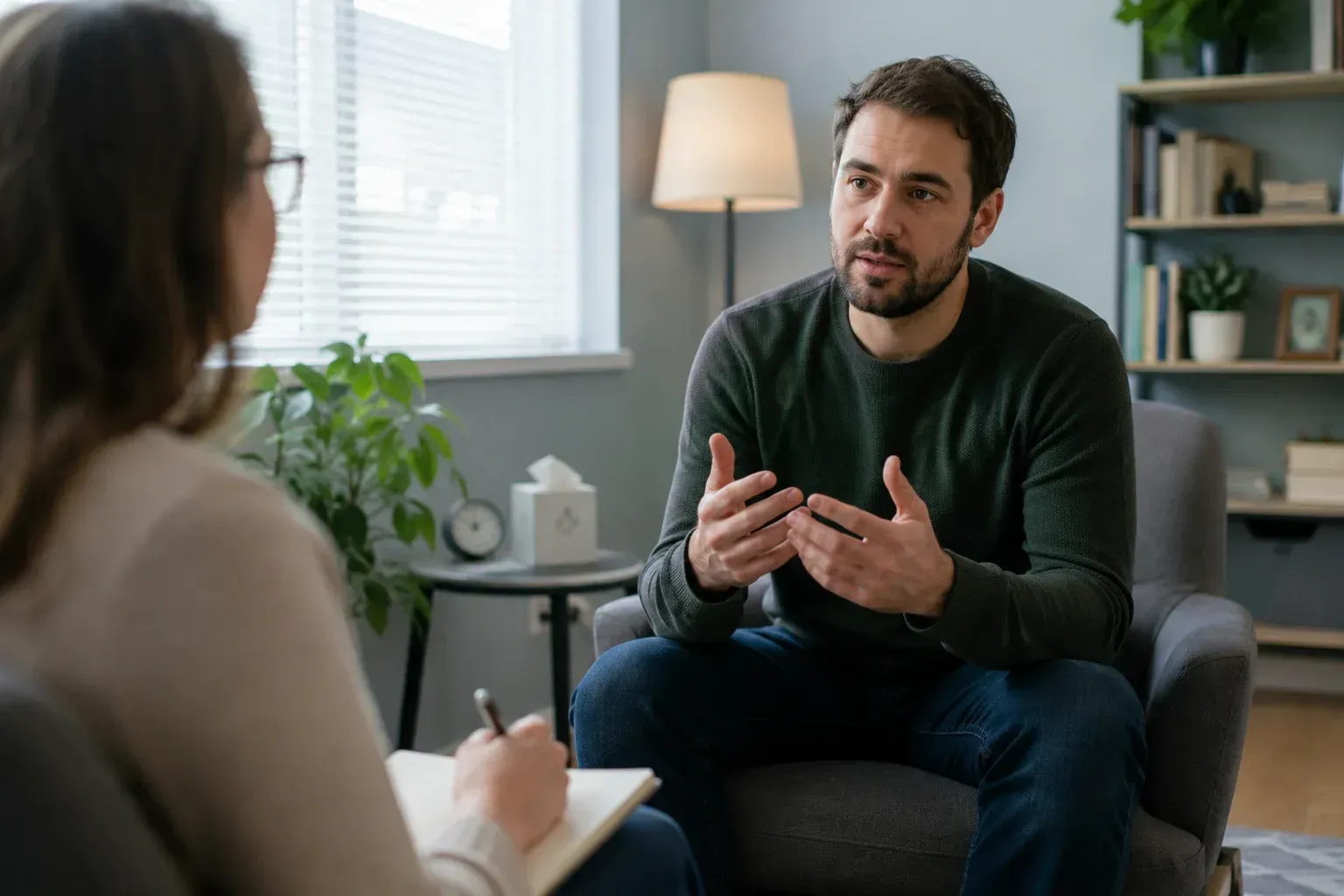 Female therapist taking notes with a male client, showing how long PTSD therapy takes