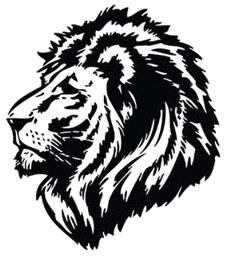 Black and white illustration of a lion's head in profile, facing left.