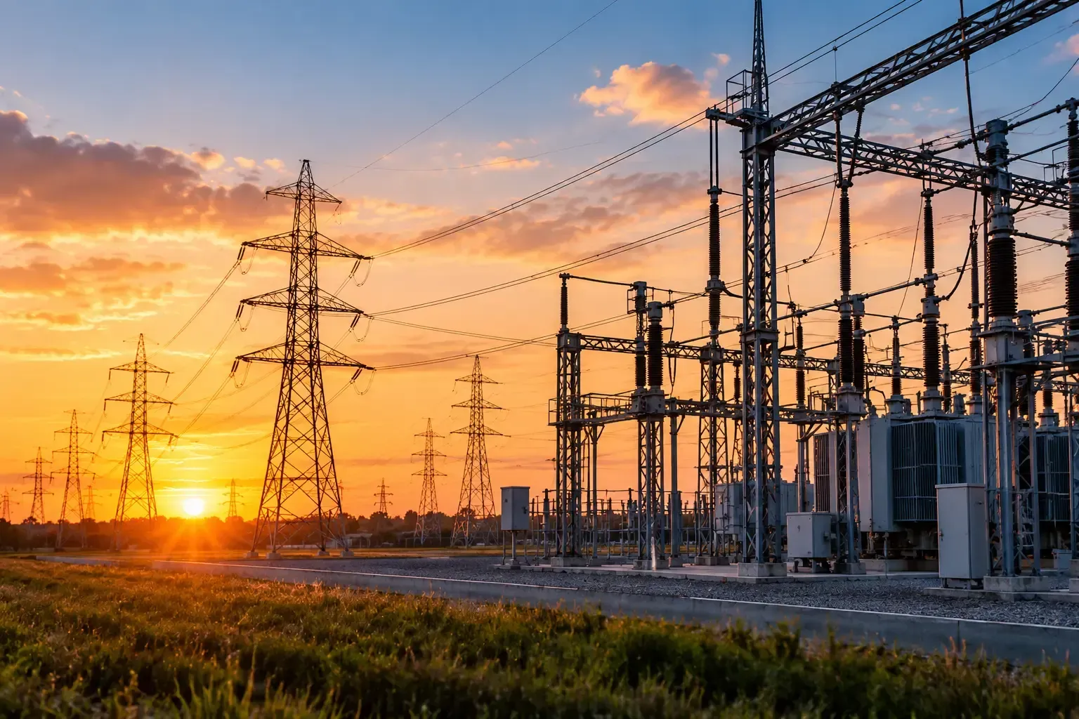 Man in hard hat and safety vest using a tablet near an electrical tower.