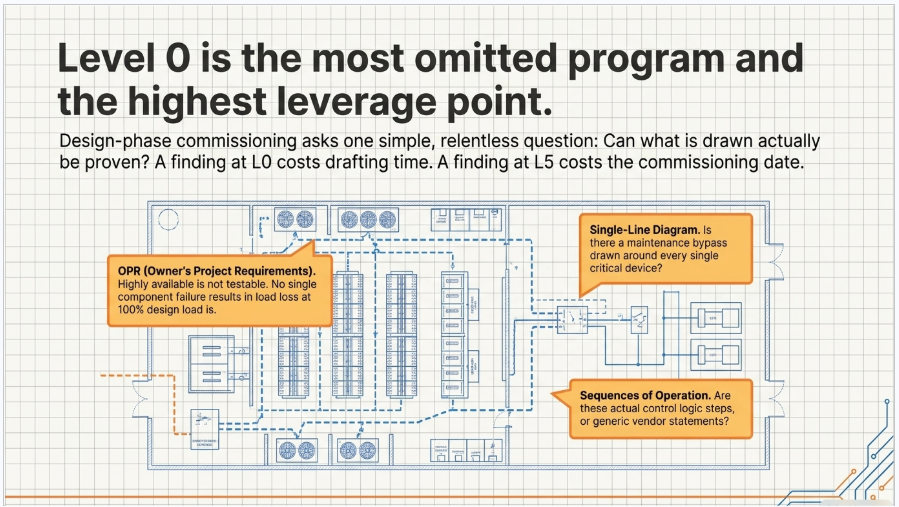 Level 0 data center commissioning showing design review before L1 to L5 testing