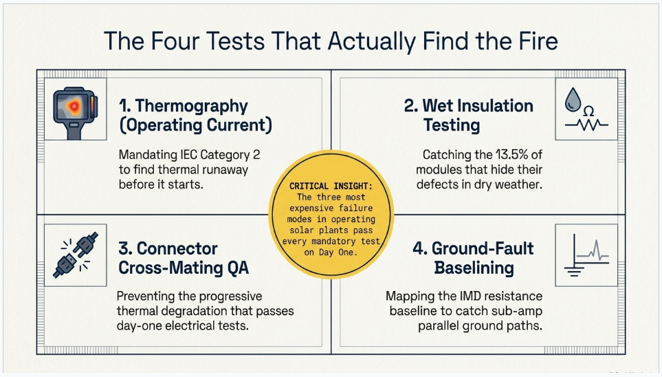 Four critical utility-scale solar commissioning tests including thermography, wet insulation testing, connector QA and ground-fault baselining