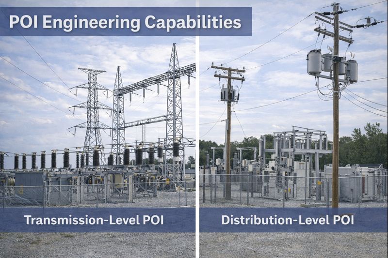 Split screen showing a transmission-level substation on the left and a distribution-level substation on the right.