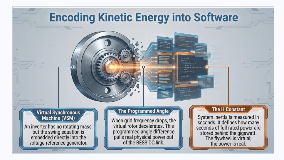 Grid-forming BESS virtual synchronous machine and synthetic inertia control.