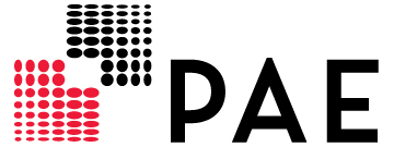 PAE logo: Black and red dot pattern with 