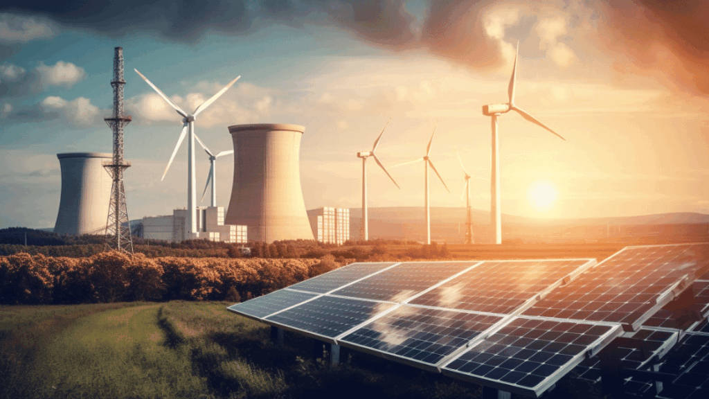 Solar panels, wind turbines, and a power plant produce energy at sunset.