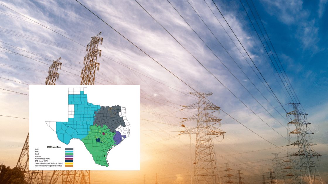 Power lines against a cloudy sky with an inset map of Texas, color-coded for some grid-related information.