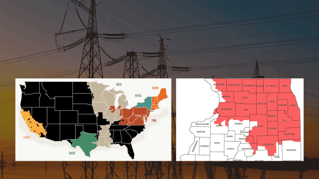 Two maps: US map showing regions in color and a zoomed-in red region in the Midwest.