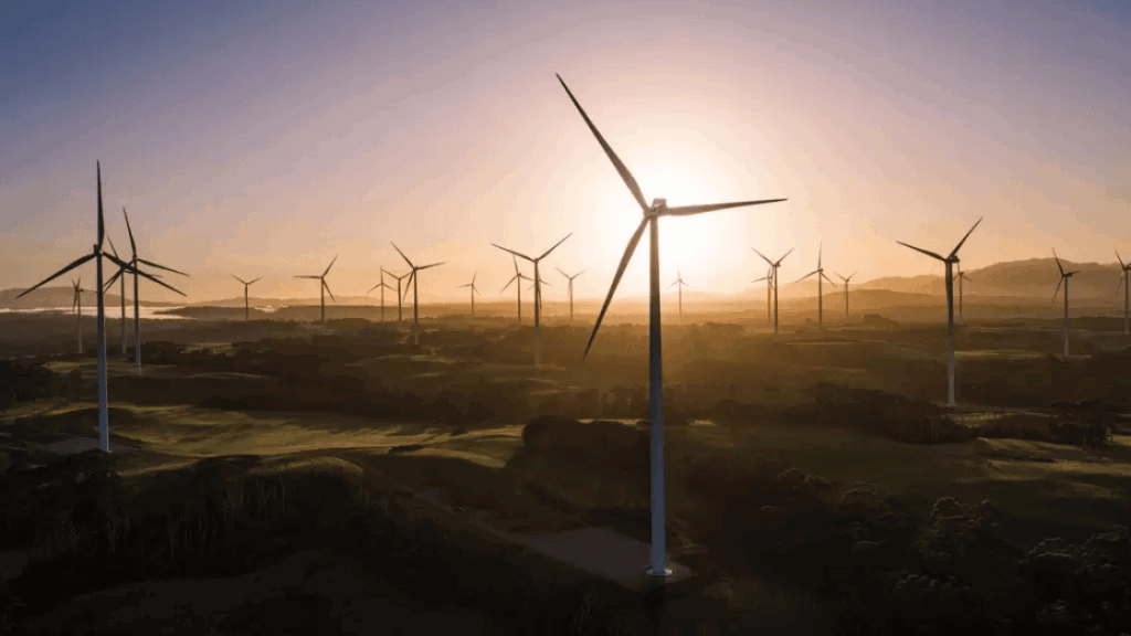 Wind turbines in a field silhouetted by the setting sun.