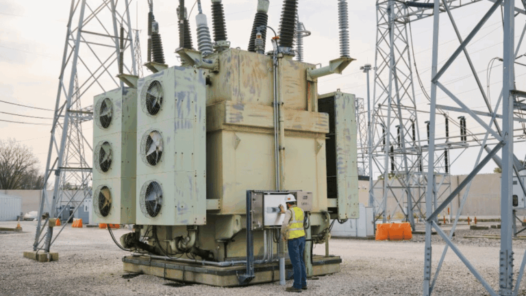 A worker in a safety vest inspects a large industrial electrical transformer at a power substation.