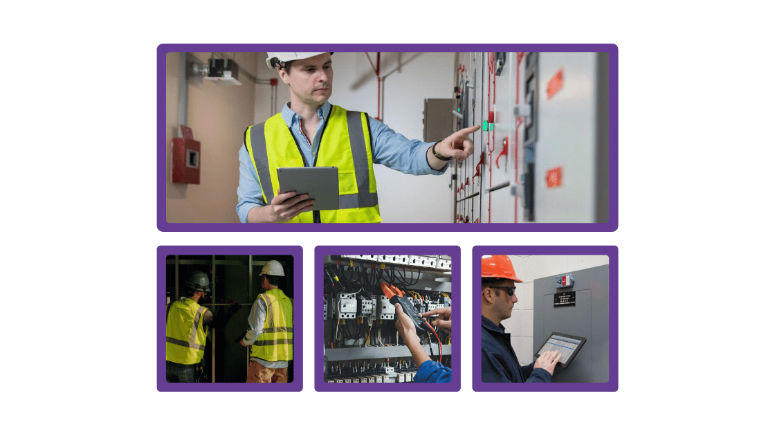 Electrical workers in hard hats and vests inspect wiring, using tablets in a facility.