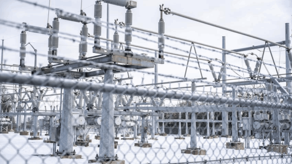 Power substation with gray metal equipment behind a chain-link fence on a snowy day.