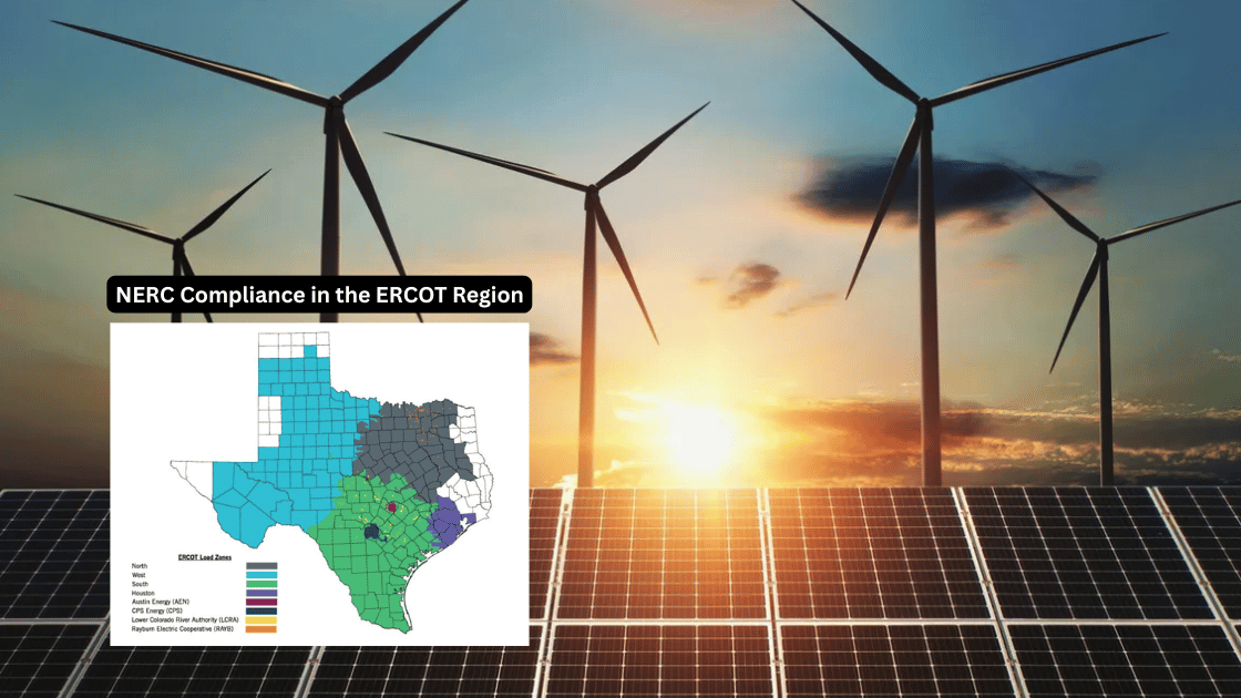 Wind turbines and solar panels with a map of Texas, showing ERCOT region compliance.