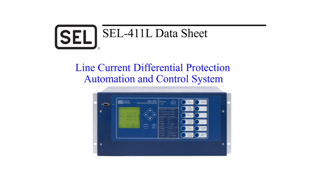 A data sheet for the SEL-411L Line Current Differential Protection, Automation, and Control System, showing the device.
