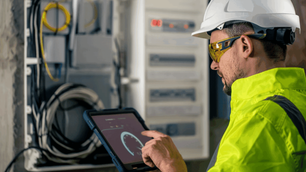 A technician in a hard hat and high-visibility jacket uses a tablet to inspect wiring in an electrical control panel.