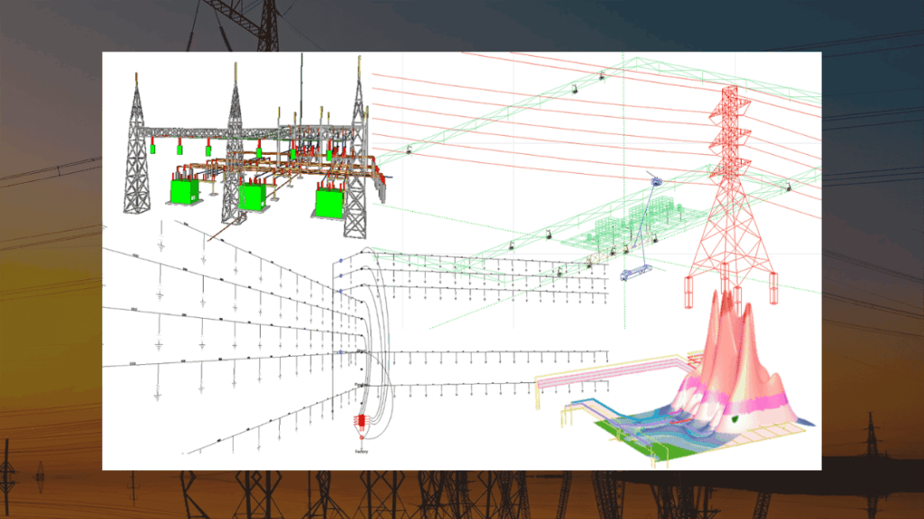 Diagrams of electrical power grid infrastructure: substation, transmission lines, and modeling of electromagnetic fields.