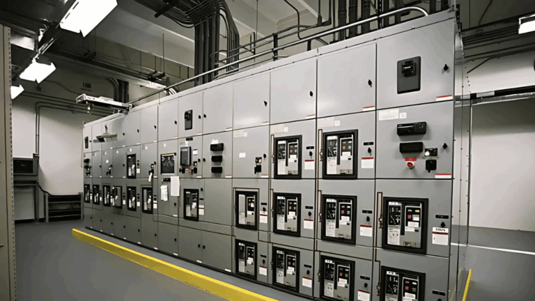 Electrical switchgear panel in a utility room. Gray metal panels with switches, gauges, and wiring. Yellow safety strip on the floor.