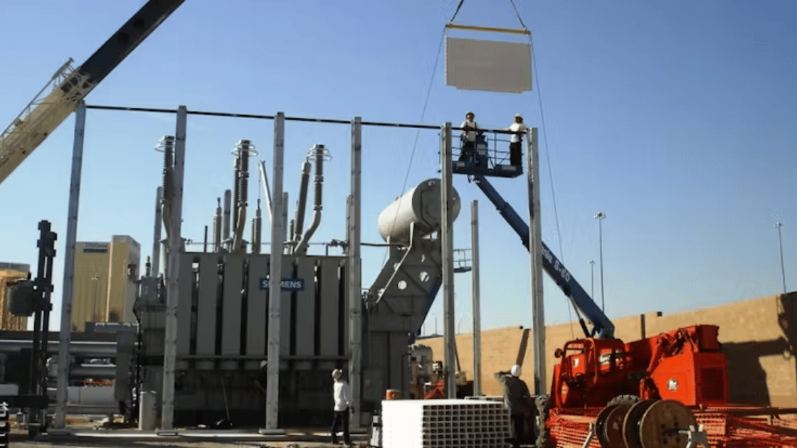 Workers installing equipment near a large transformer at a power substation. Crane lifting a panel.