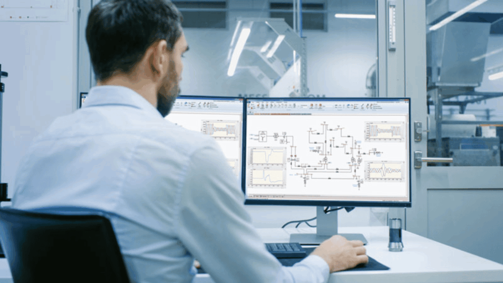 A person in a light-colored shirt sits at a desk, reviewing technical diagrams of electrical circuits on a computer screen.