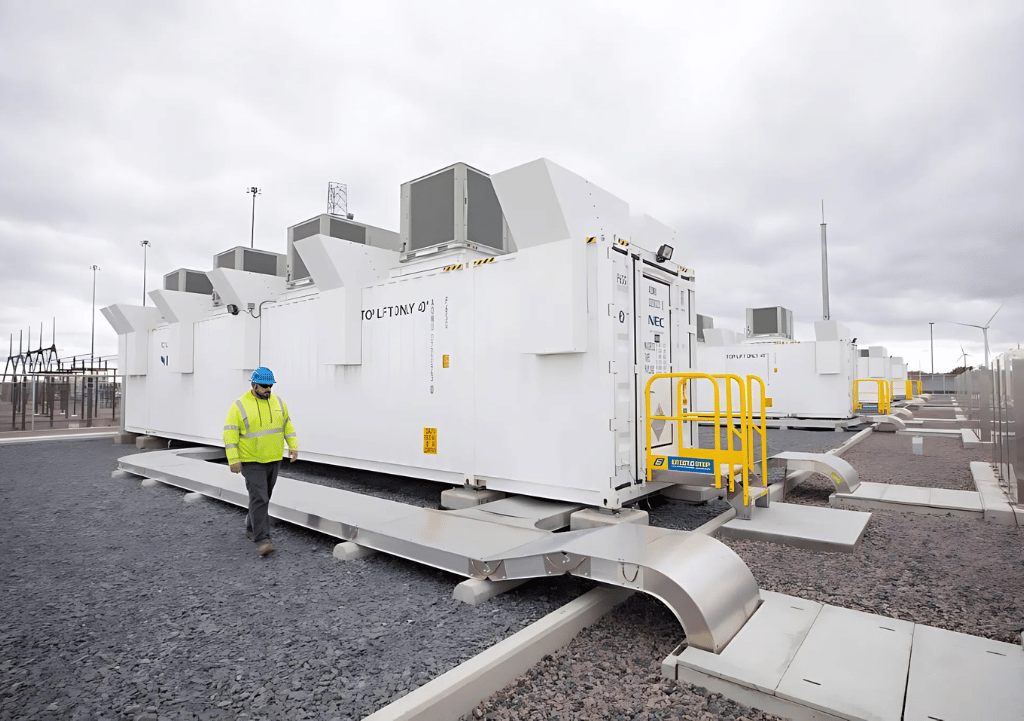 Man in safety vest walks past rows of large, white power storage containers on a gravel lot.