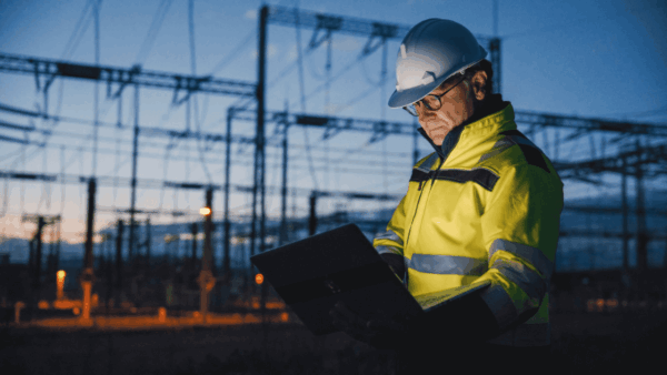 Engineer in a safety vest and hard hat working on a laptop at an electrical substation at dusk.