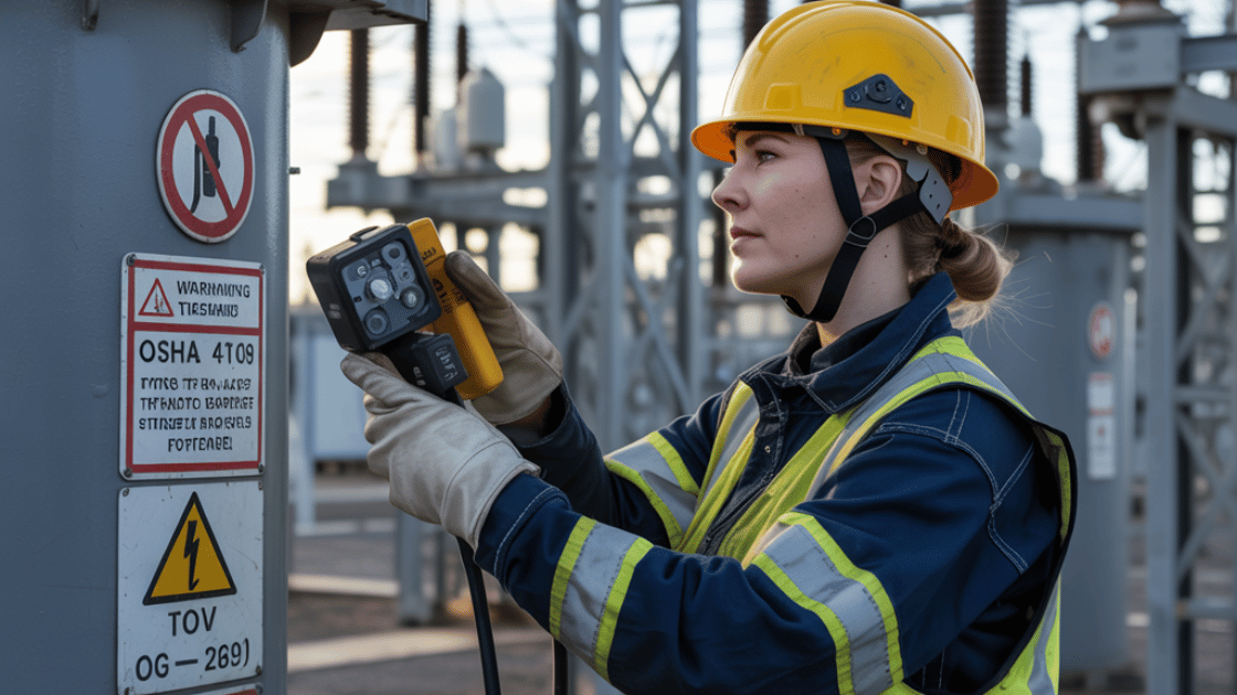 Woman in hardhat and safety vest inspects electrical equipment with a handheld device at a substation.