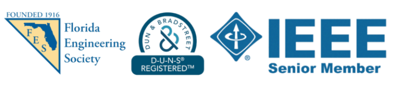Logos for the Florida Engineering Society, Dun & Bradstreet, and IEEE Senior Member.