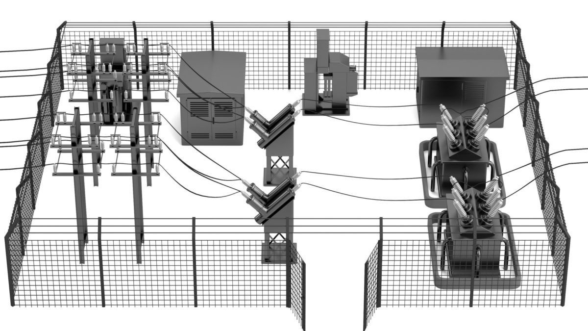 A fenced-in electrical substation with transformers, switches, and power lines.