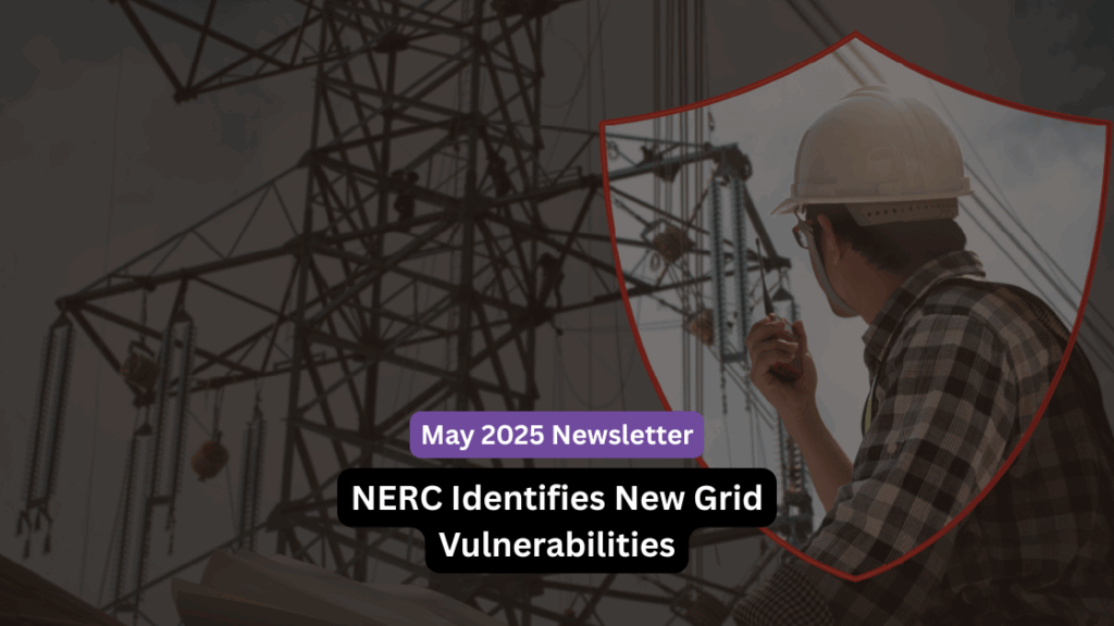 Engineer in a hard hat inspecting power lines, with a shield graphic and text