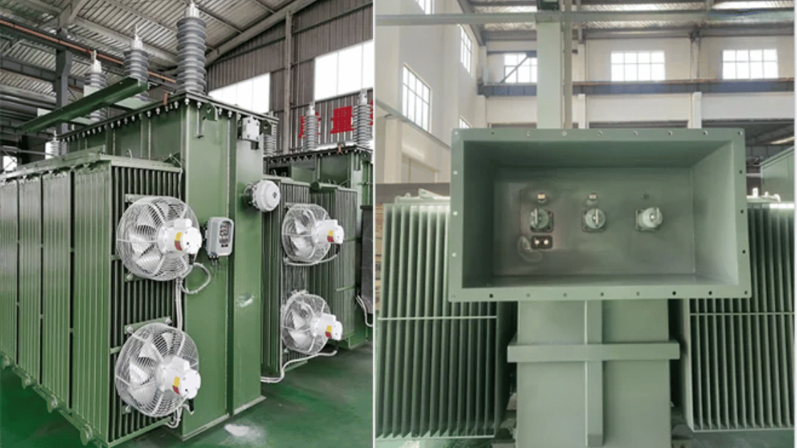 Two views of a large industrial electrical transformer in a factory, showing cooling fans and connection terminals.