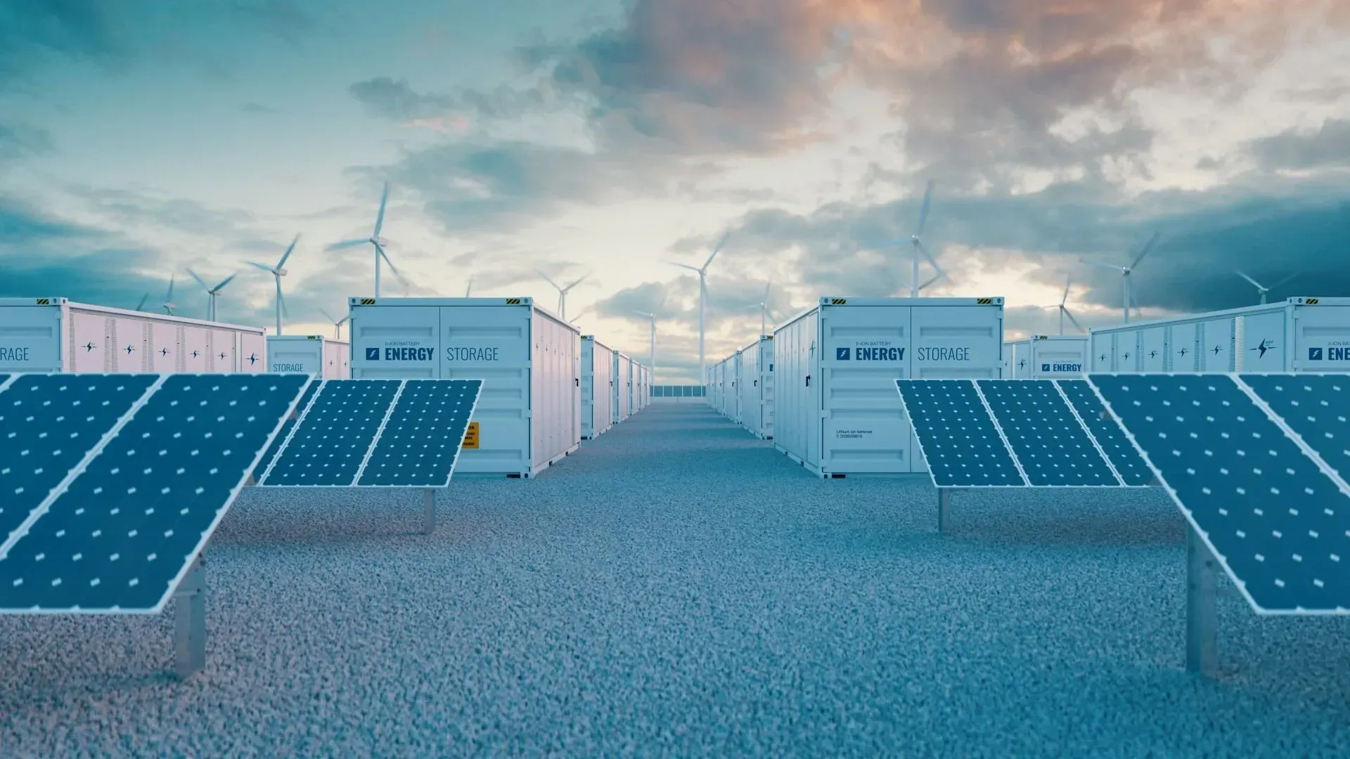 Solar panels and storage containers with wind turbines in the background at dusk.