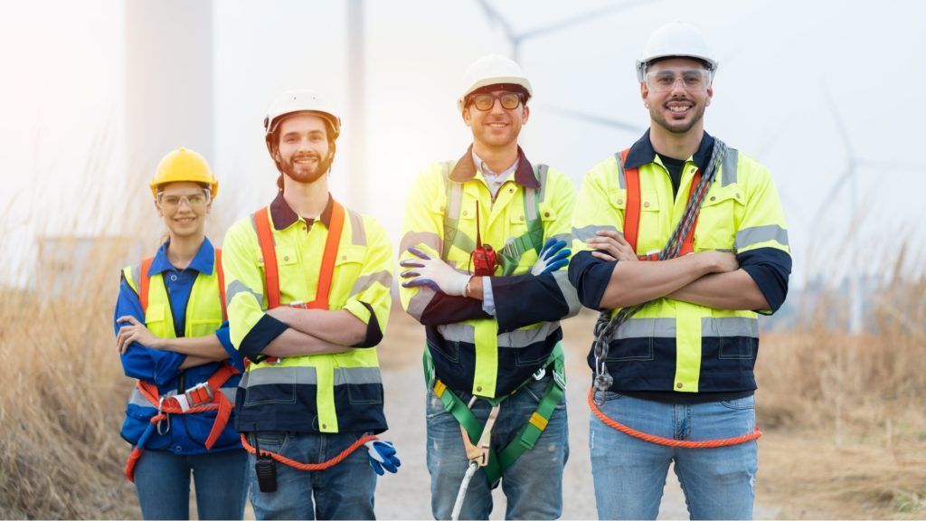 Four workers in safety vests and helmets stand with arms crossed near wind turbines.