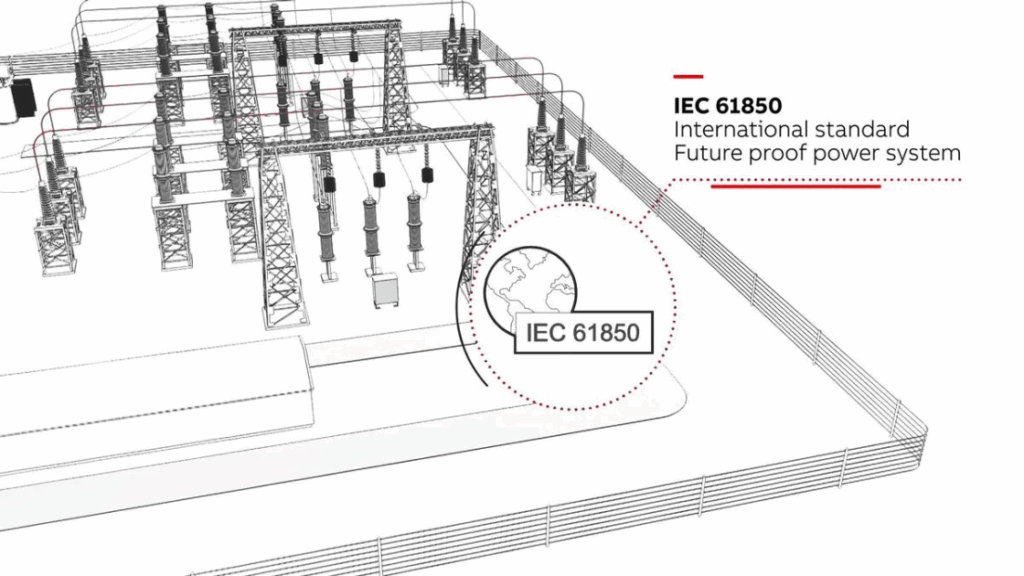 Line drawing of an electrical substation with a circular zoom showing the IEC 61850 standard label.