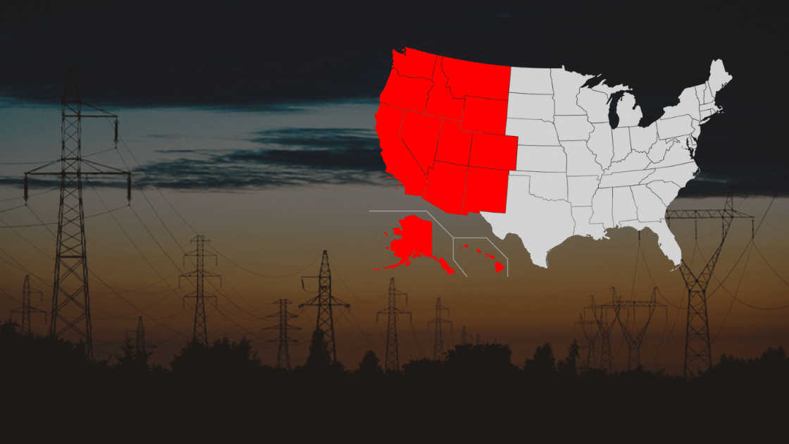Map of the Western US highlighted in red against a backdrop of power lines at dusk.