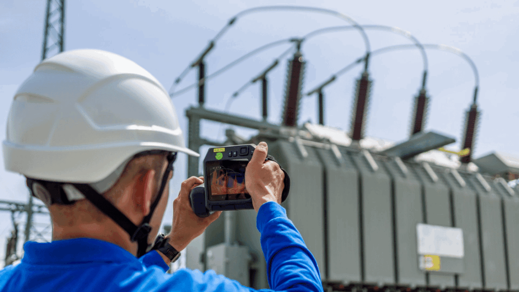 A worker in a white hard hat and blue shirt uses an infrared thermal camera to inspect electrical equipment outdoors.