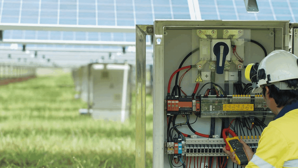 Electrician working on electrical components in front of a solar panel array.