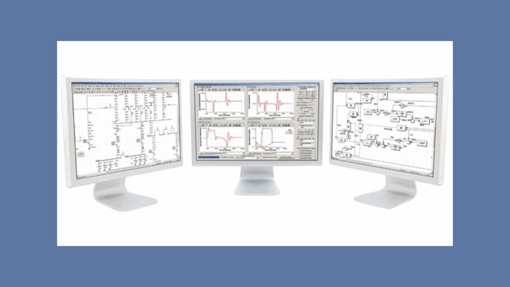 Three computer monitors displaying complex electrical engineering schematics and data plots on a plain blue background.