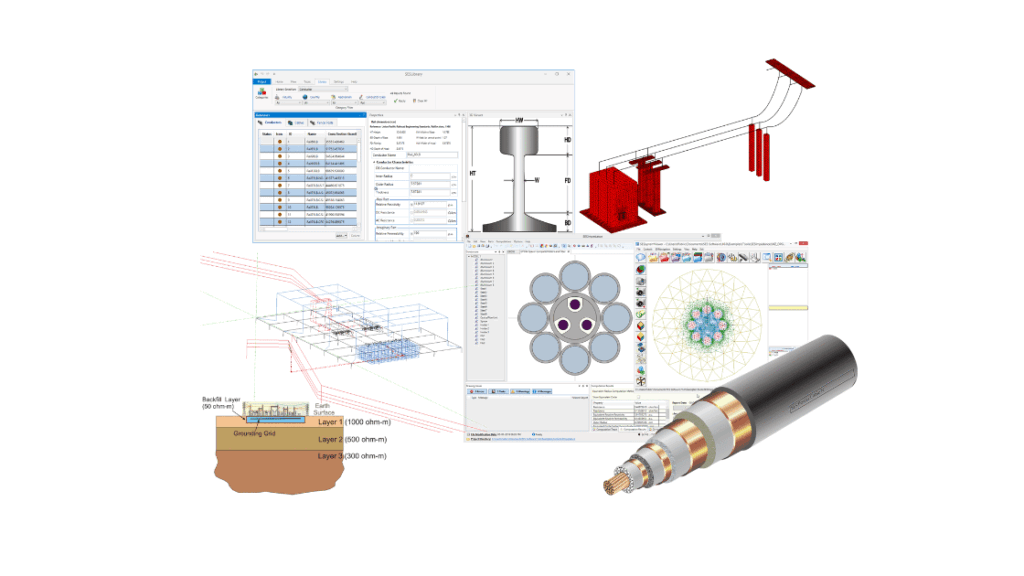 Software interface showing cable design data, 3D simulations of power cables, and a cross-section of a high-voltage cable.