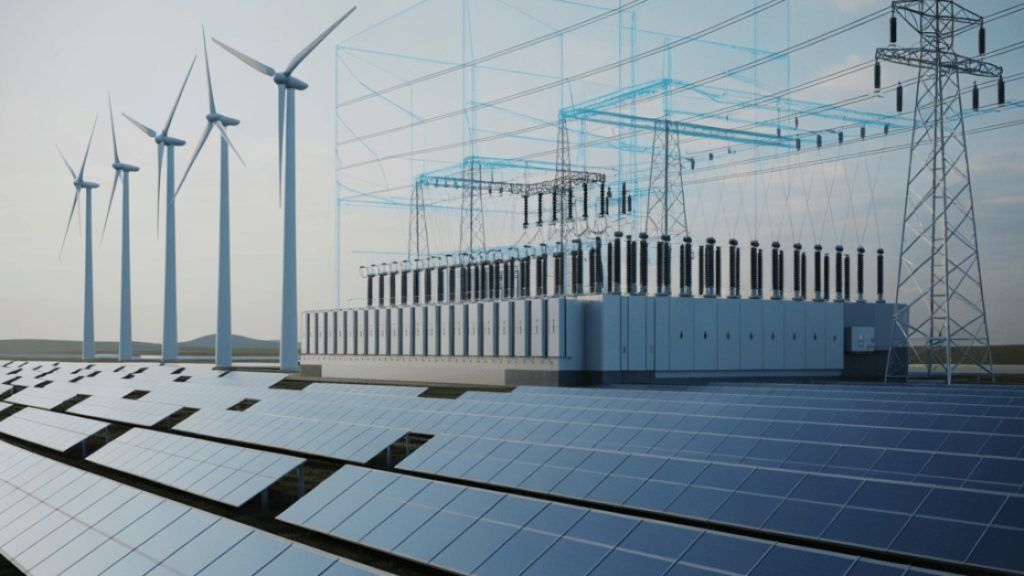 Solar panels and wind turbines with power grid infrastructure, generating renewable energy.
