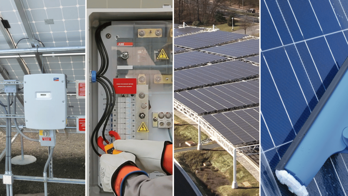 Solar panel installation: wiring, electrical box, array, and cleaning tool.