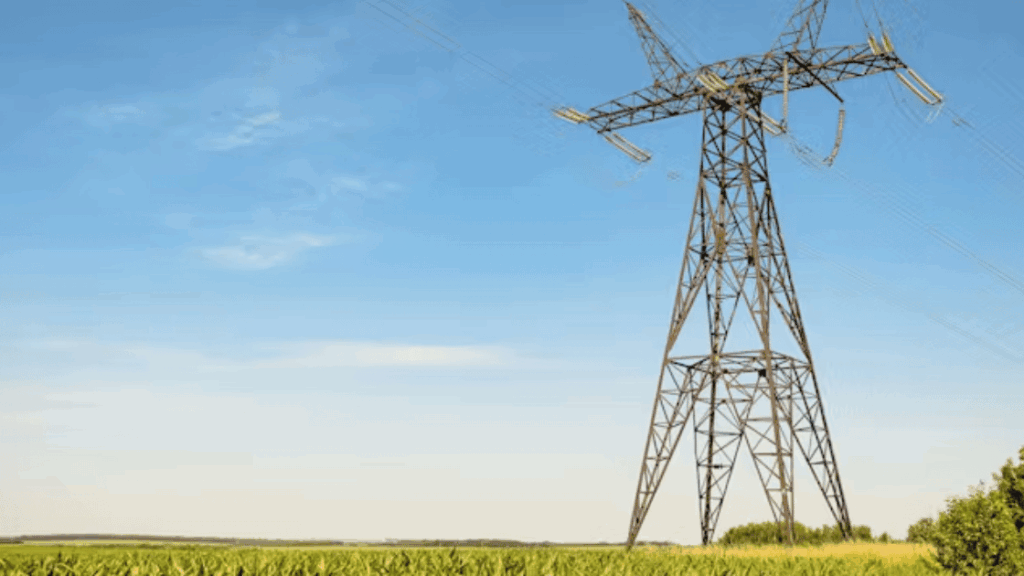 High-voltage power lines on a metal tower in a field with a blue sky background.