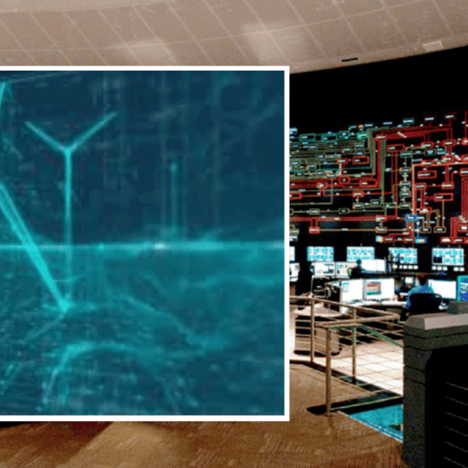 A digital interface overlayed on a control room with computer screens and operational displays.