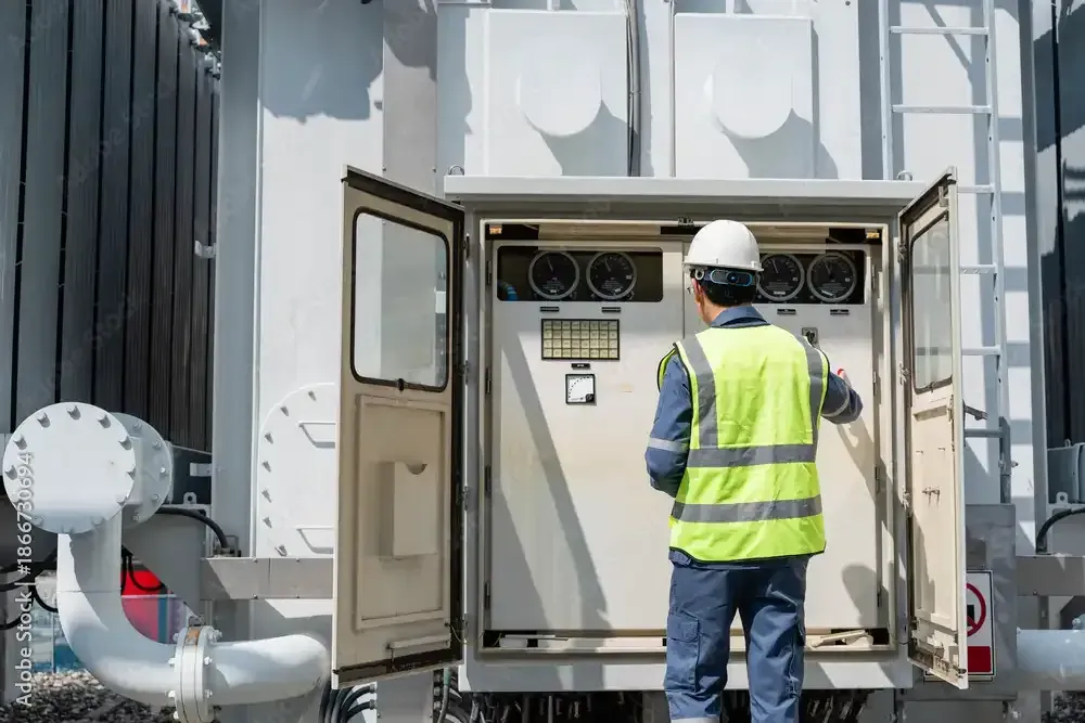 Electrical engineer inspecting high-voltage transformer and substation equipment