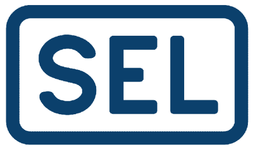 Blue rectangular logo with rounded corners. Contains the letters 