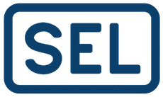 Blue rectangular logo with rounded corners. Contains the letters 