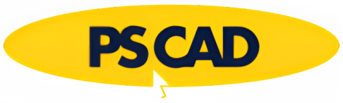 PS CAD logo in dark blue text inside a yellow oval with a white indicator at the bottom.