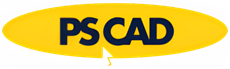 PS CAD logo in dark blue text inside a yellow oval with a white indicator at the bottom.