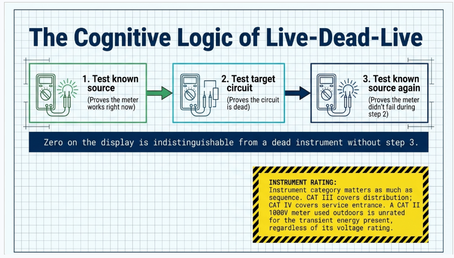 Live-dead-live electrical safety verification sequence for testing absence of voltage with a multimeter