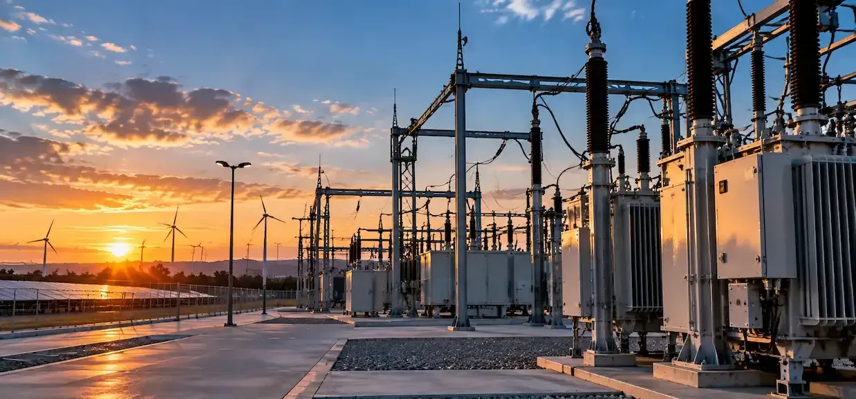 High-voltage substation equipment at sunset