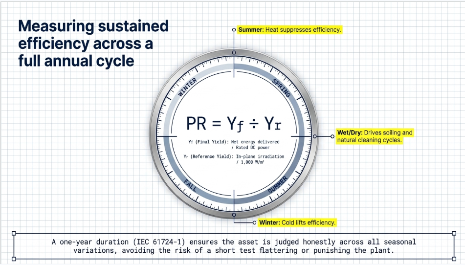 IEC 61724-1 solar performance ratio test measuring annual PV plant efficiency across seasonal conditions