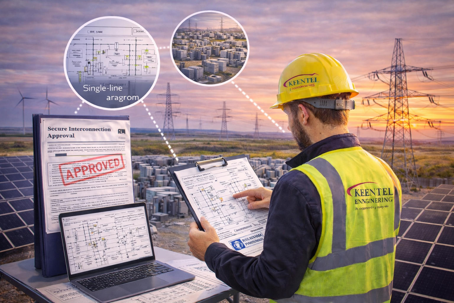 A professional in a high-visibility vest reviews solar and power infrastructure plans against a background of solar panels.